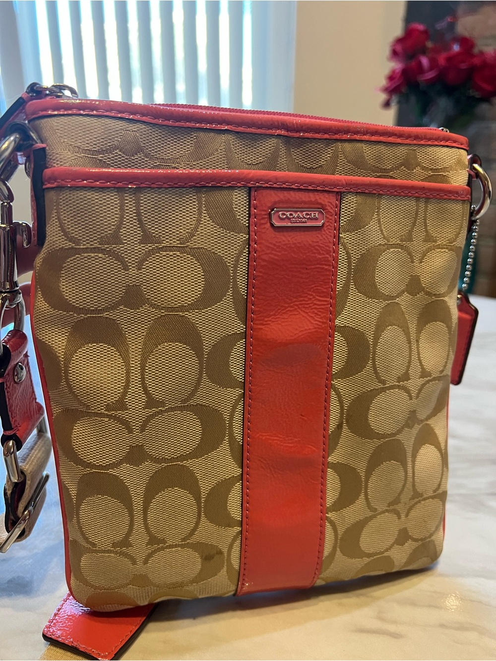 Coach Tan Signature Canvas Crossbody with Pink Trim